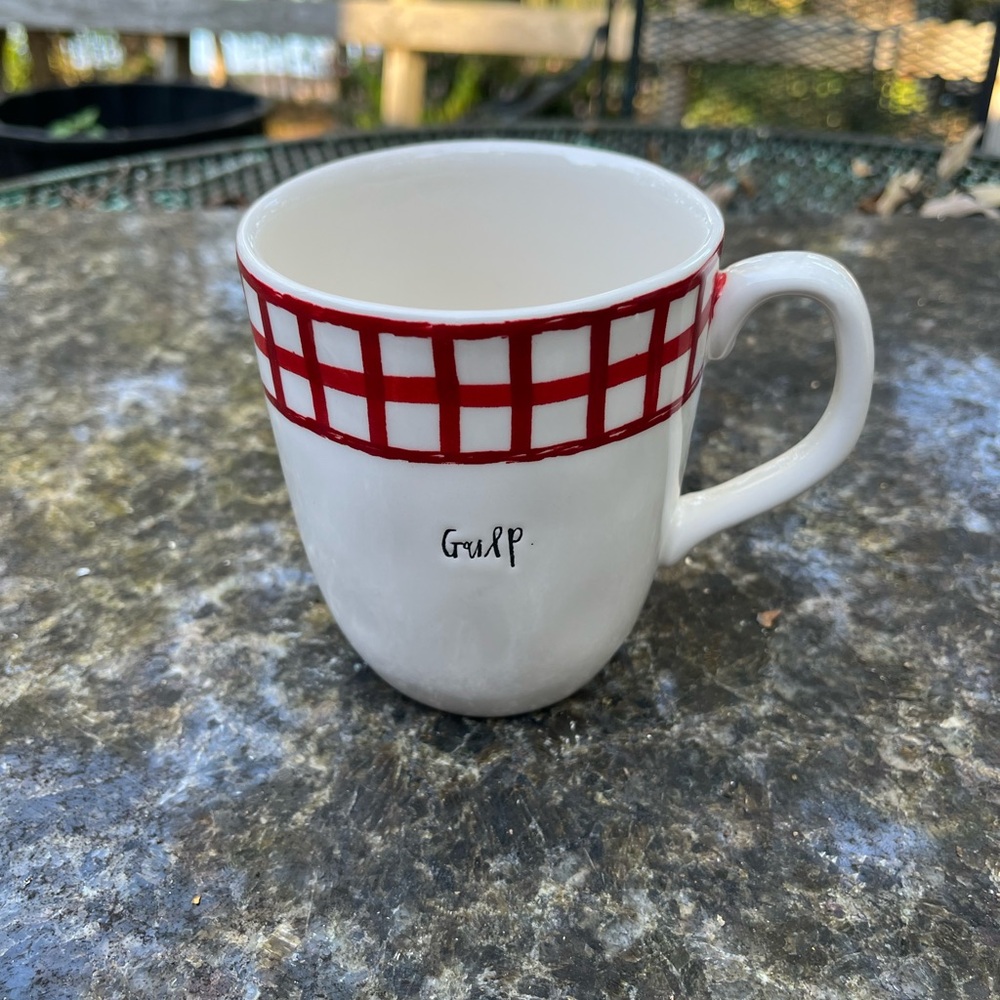 Rae Dunn White Gulp Mug with Red Checkered Farmhouse Band